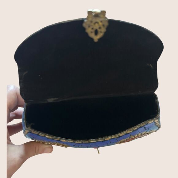 💙 VTG HIMALAYAN TIBETAN HANDMADE MOSAIC CLUTCH DETACHABLE SHOULDER CHAIN BLUE - Picture 5 of 11